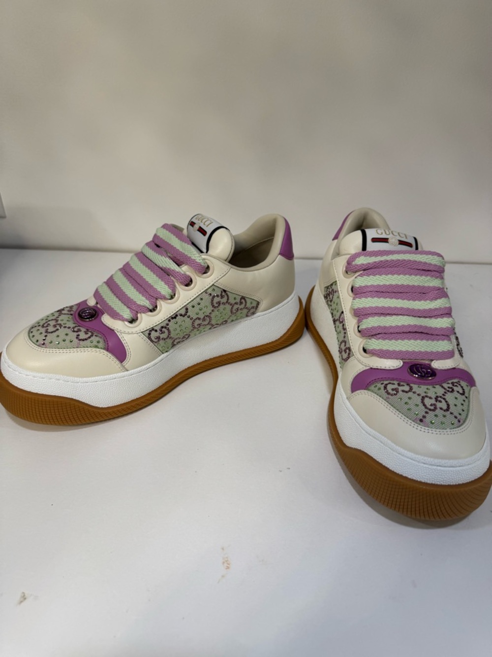 Gucci Cream, Lilac & Light Green Platform Sneakers - Picture 5 of 9